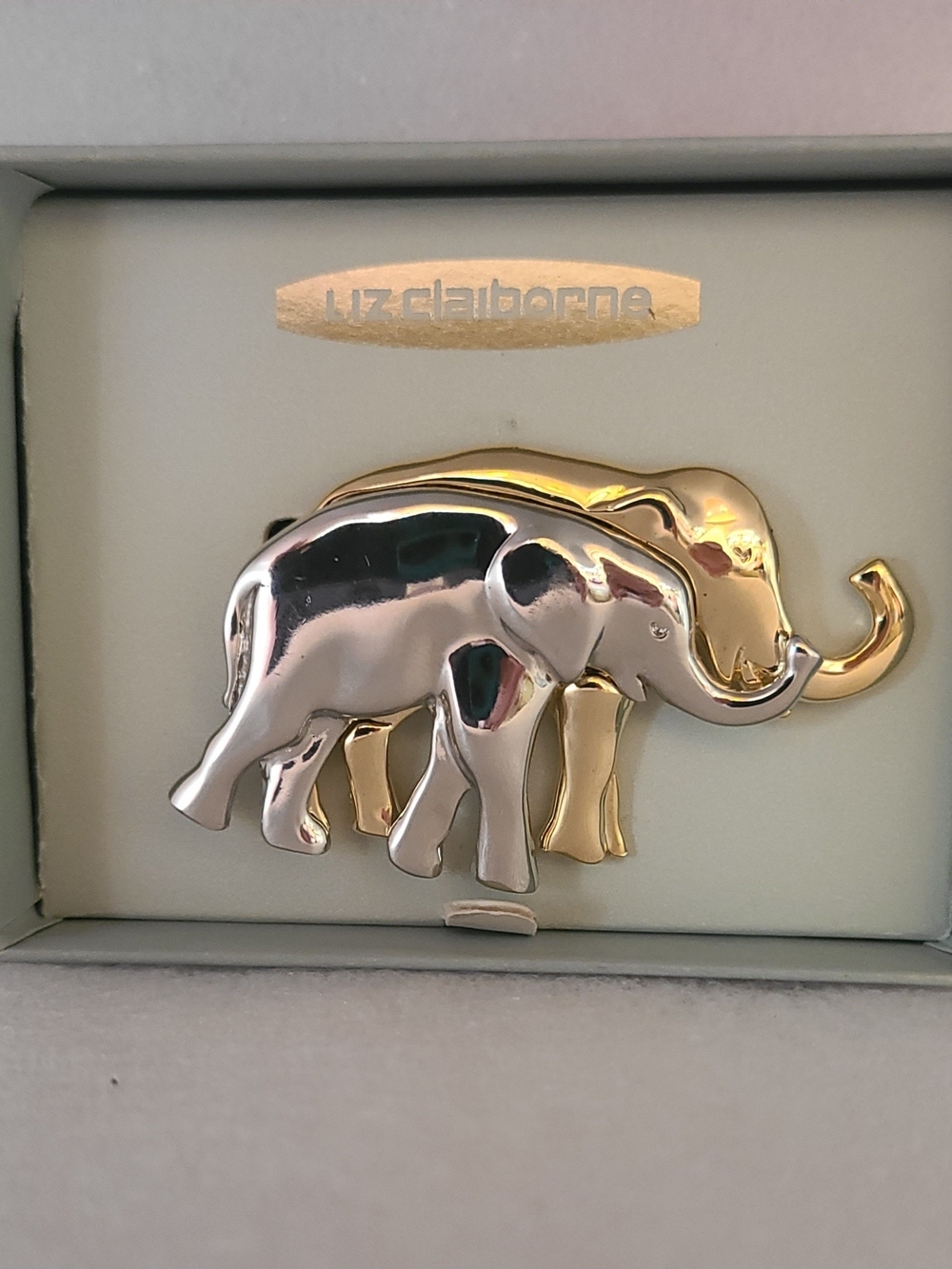​VTG Liz Claiborne Two Tone Double Elephant Brooch Pin With Original Box